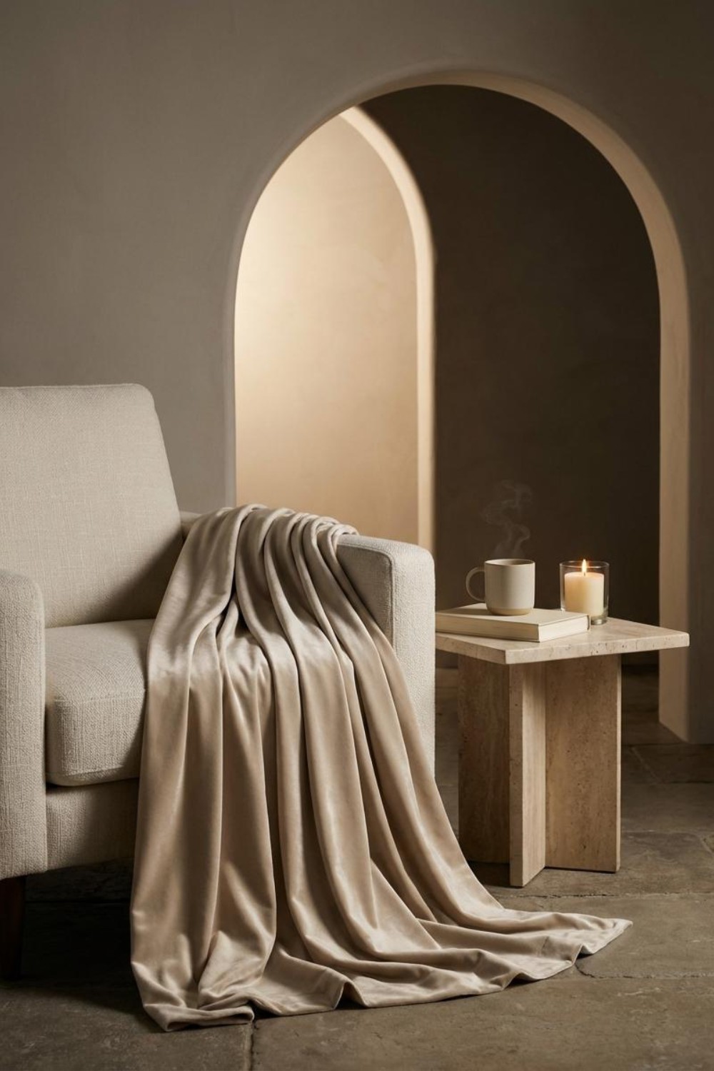 Armchair with warm glowing arch alcove and candle