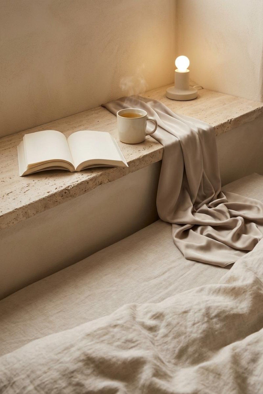Stone reading ledge with open book, tea and warm lamp