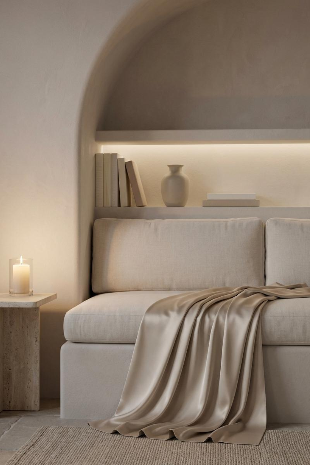 Lit arch alcove sofa with books on warm shelves
