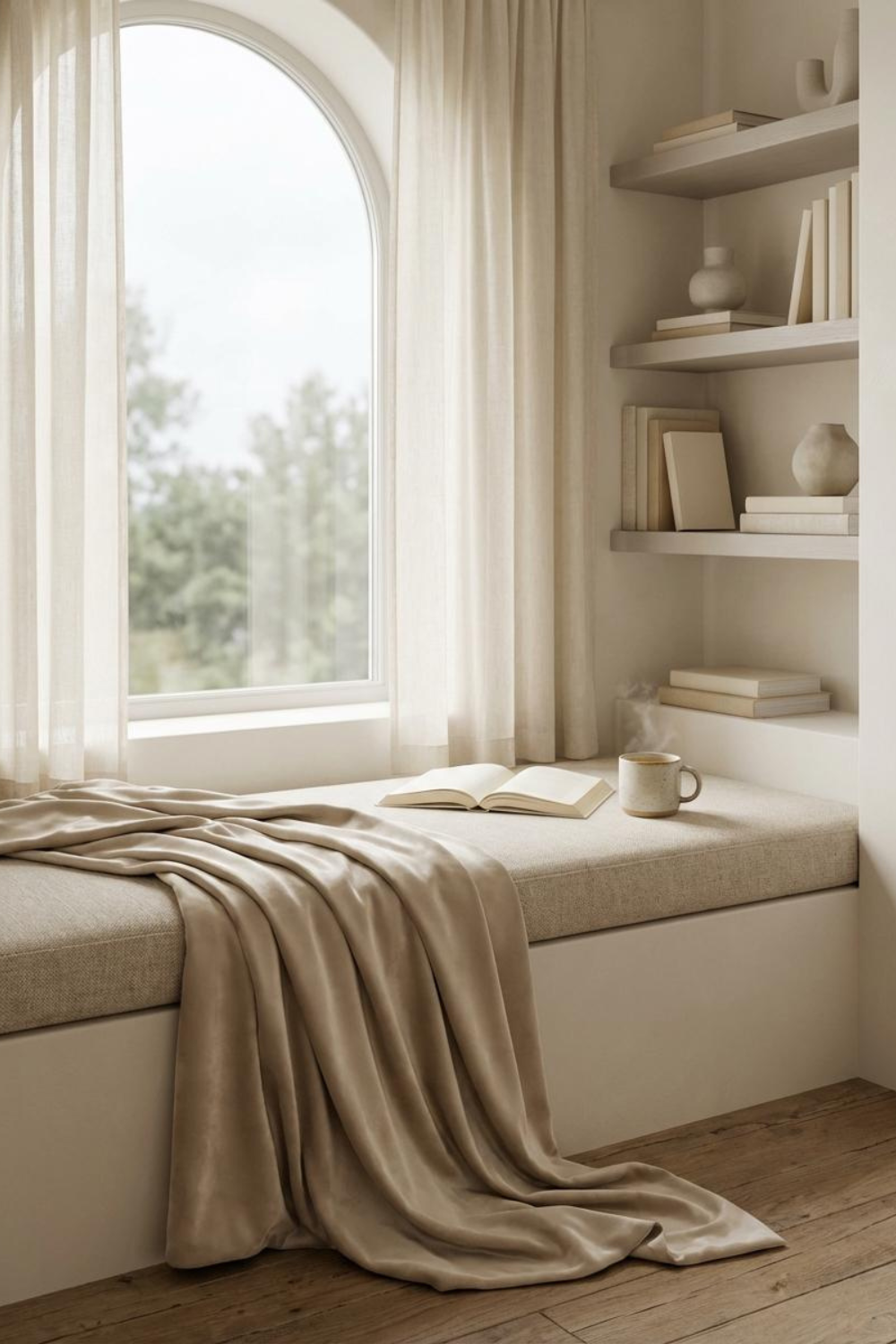 Bright reading nook with arched window, open book and tea
