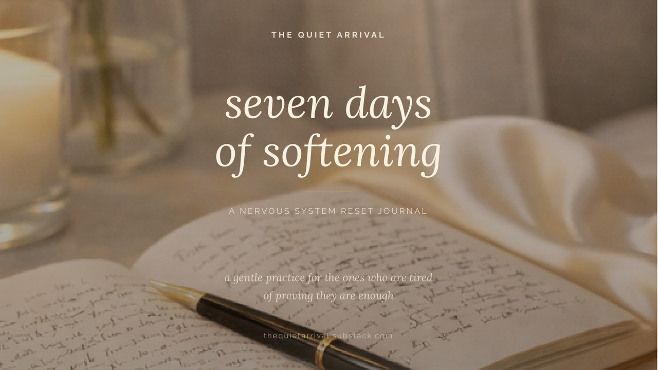 An open journal titled Seven Days of Softening beside a steaming mug