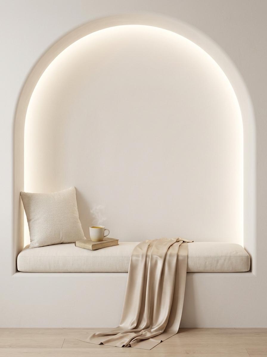An empty arched alcove with a soft throw, cushion, and pale travertine floor