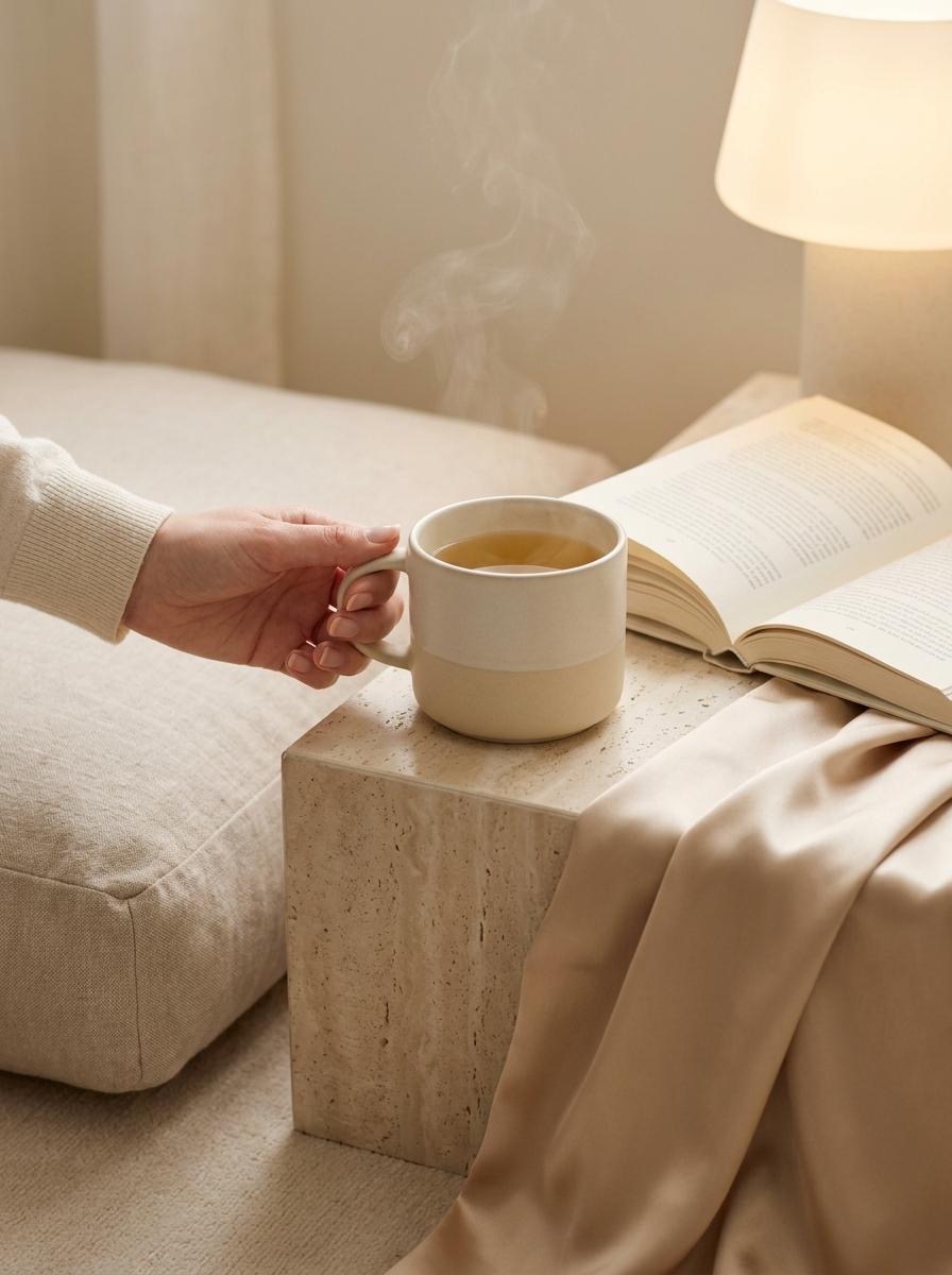 A quiet arched alcove with a robe, lamp, and morning bench