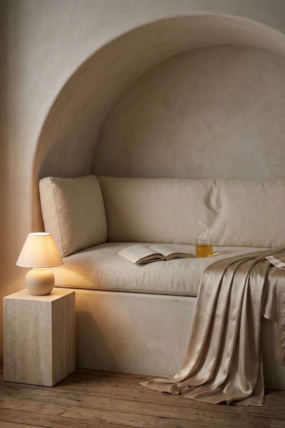 An arched alcove bench at dawn with an open book, silk drape, and steaming mug